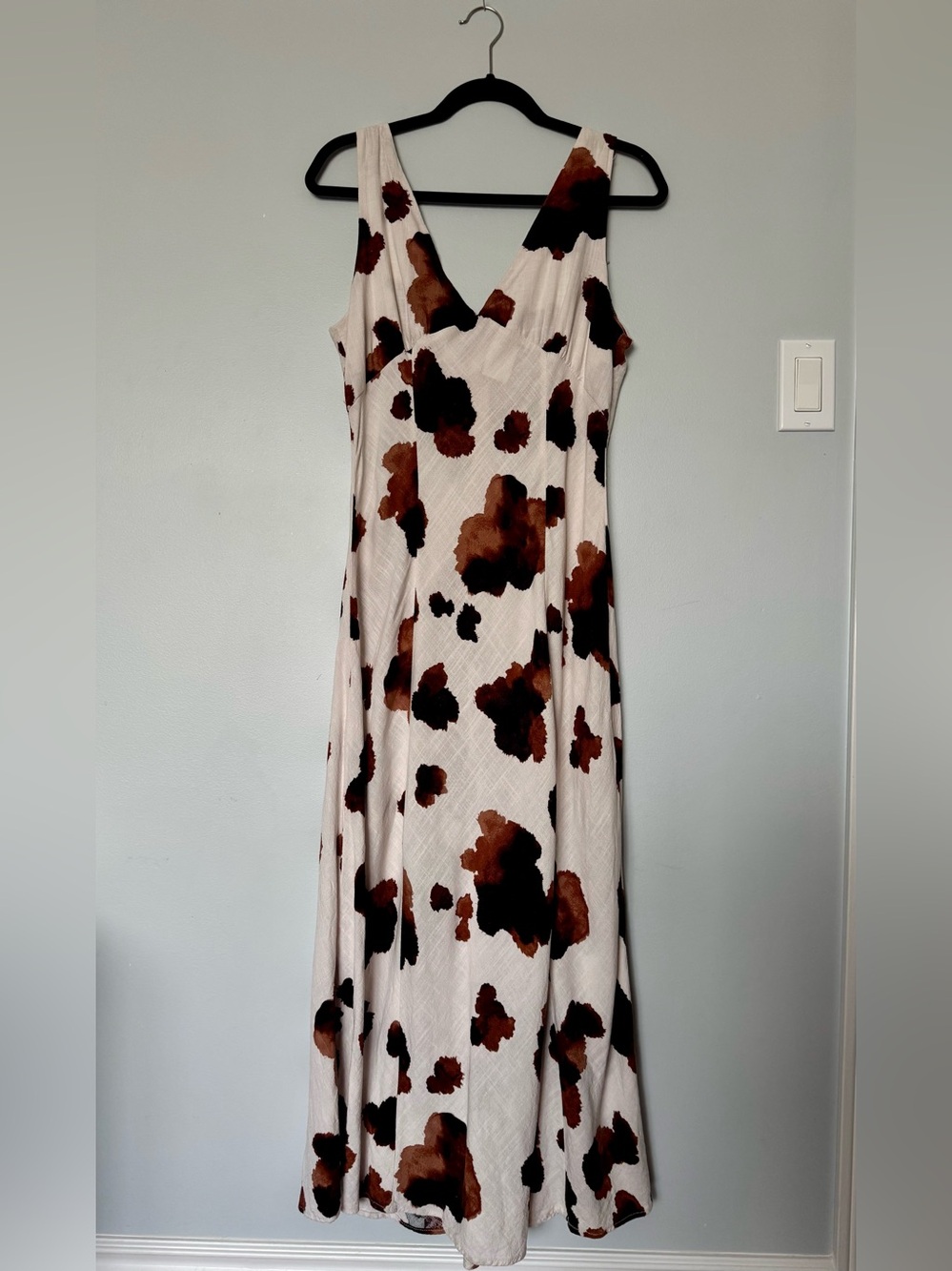 Paper Heart Linen Blend Midi Dress Size L Ivory Brown Abstract Print - Picture 2 of 8